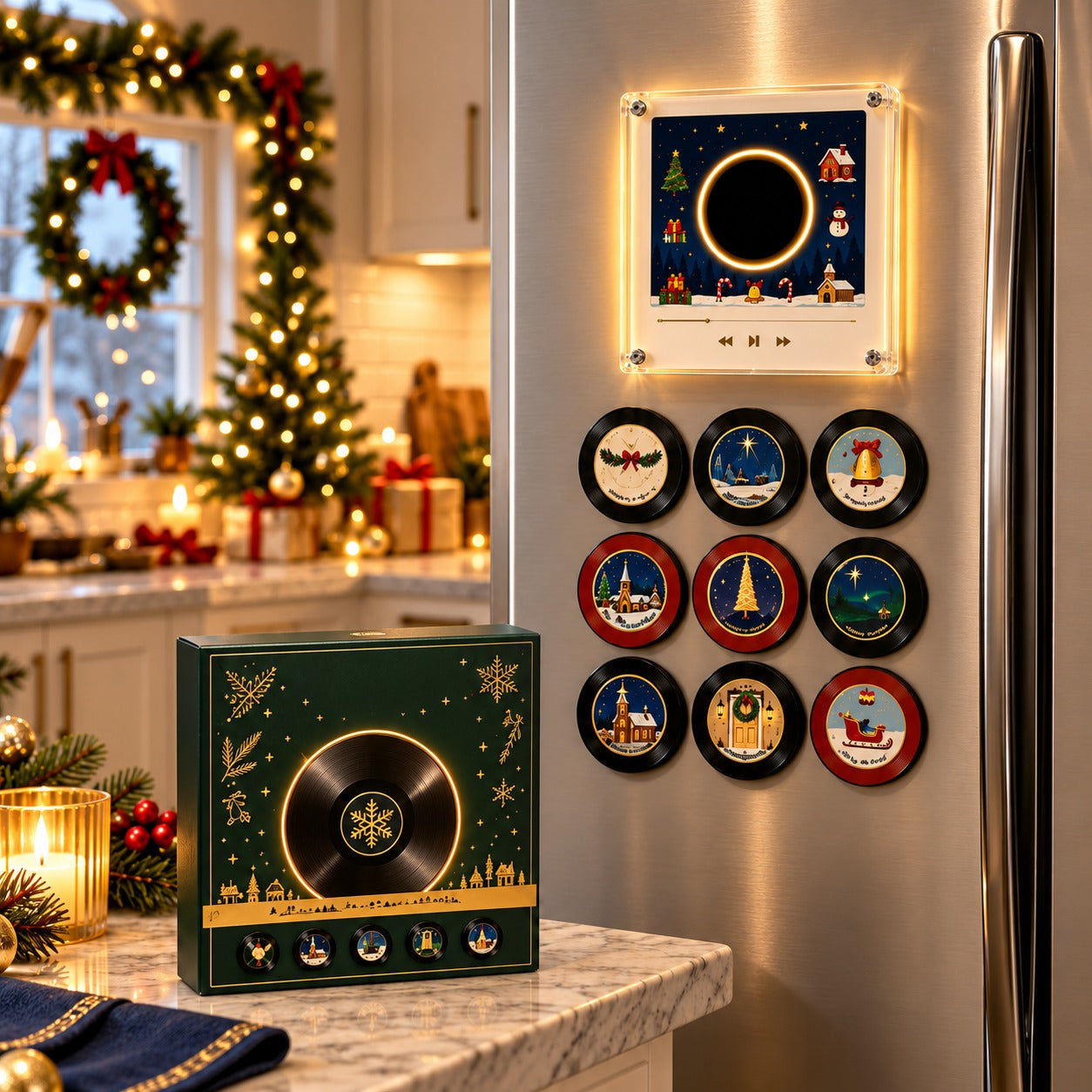 After: Christmas Music Fridge Player and nine mini records on the fridge, with the green gift box on the counter