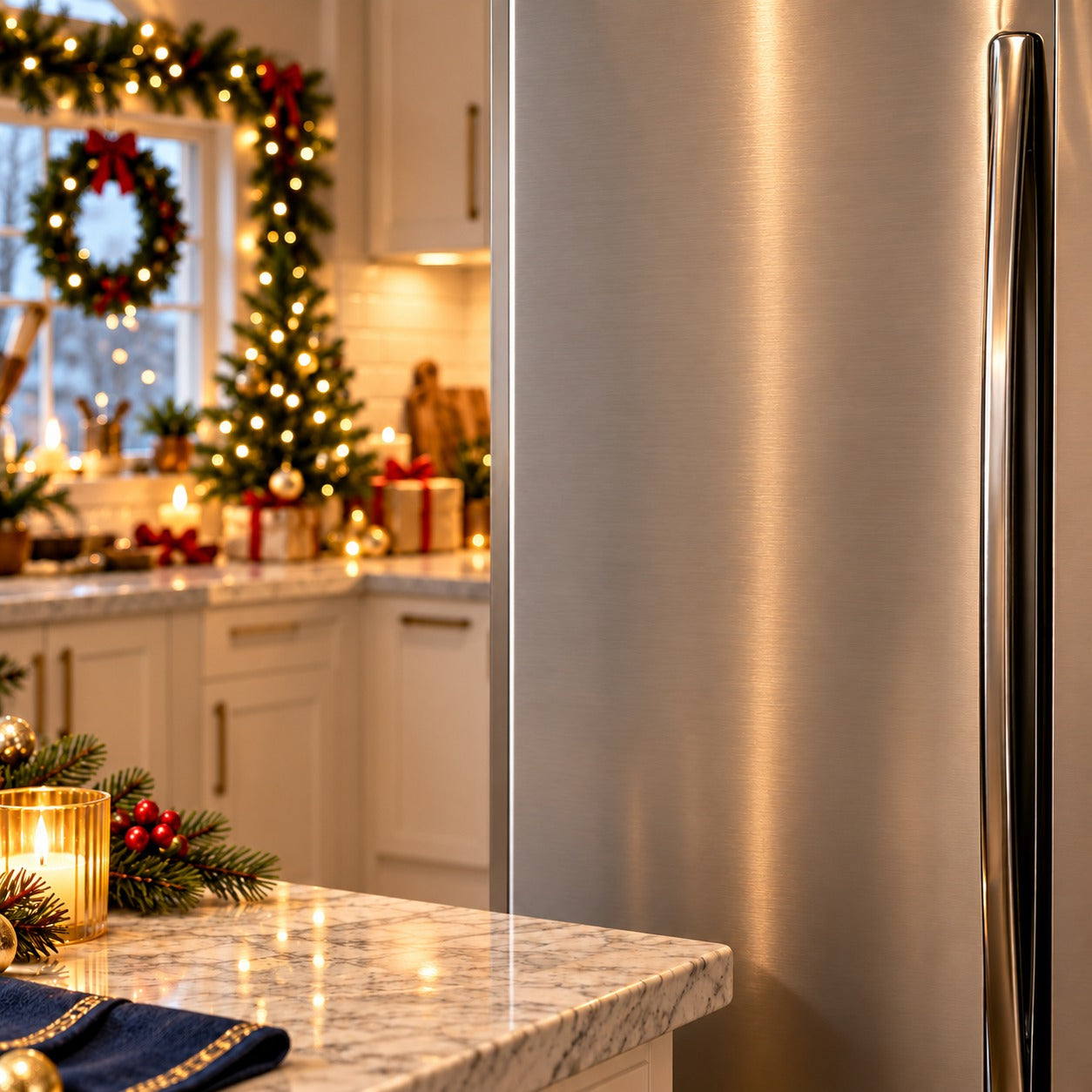 Before: the same Christmas kitchen with an empty fridge and countertop